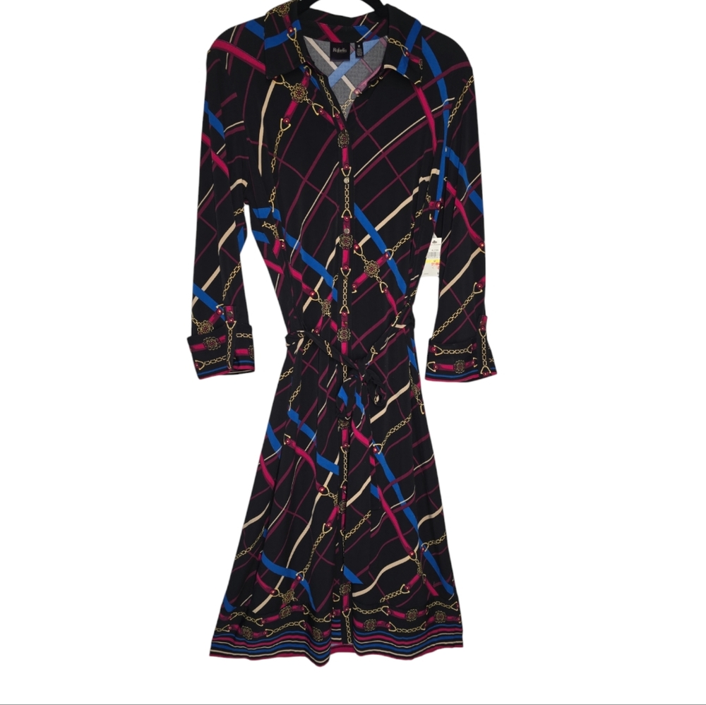 NWT Rafaella Women's Black Shirt Dress with Multicolor Chain Print MED